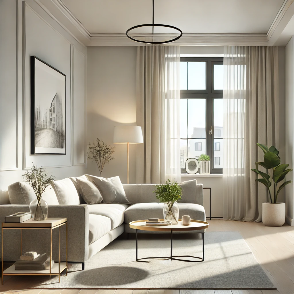 Salon rénové avec un design moderne et épuré. La pièce comprend des lignes simples, des couleurs neutres, un canapé confortable, une table basse, et quelques éléments décoratifs tels que des plantes et des cadres. L'éclairage est naturel, provenant de grandes fenêtres, créant une atmosphère lumineuse et accueillante. Cela permet de Rénover son bien immobilier